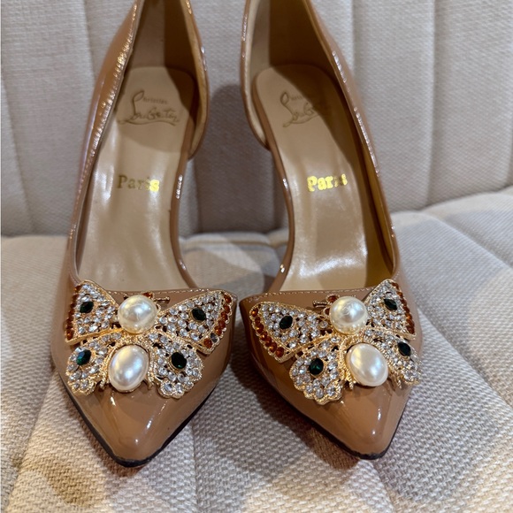 Fashion design like Christian Louboutin Tan Heels with Pearl and Jewel Accents - Picture 1 of 9